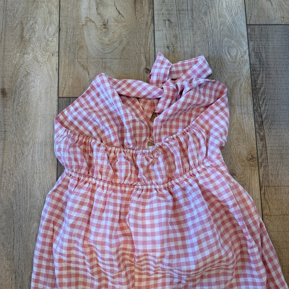 New! Pink Gingham Cross Halter Tiered Maxi Beautiful Dress - Picture 4 of 5